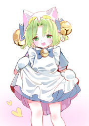 1girl animal_hat bell blush_stickers cat_hat clothes_lift dejiko di_gi_charat dress dress_lift green_eyes hair_bell hair_ornament hat highres ichigo_to_marugao knee_blush open_mouth puffy_short_sleeves puffy_sleeves short_hair short_sleeves simple_background solo white_dress