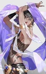 Rule 34 | 1boy, arjuna (fate), arjuna (fgo fes. 2025) (fate), arms up, black eyes, black hair, dancer, dark-skinned male, dark skin, detached sleeves, earrings, fate/grand order, fate (series), from side, gold armlet, gold earrings, gold necklace, indian clothes, jewelry, looking at viewer, male focus, necklace, open mouth, shawl, sleeveless, solo, tzar game, upper body, wavy hair