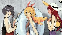 3girls aikatsu! aikatsu!_(series) bad_id bad_twitter_id black_bag black_hair blonde_hair bow copyright_name dress from_side hair_bow hairband hat highres hoshimiya_ichigo inactive_account kiriya_aoi long_hair low_twintails multiple_girls open_mouth profile red_bow red_hair red_hairband shibuki_ran side_ponytail sidelocks sleeveless smile soleil_(aikatsu!) suiso_(owp) summer sun_hat swim_ring twintails white_dress