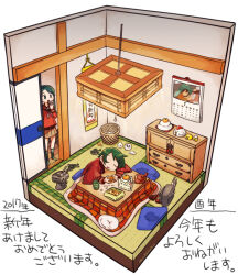 2girls baby_animal bird brown_skirt calendar_(object) ceiling_light chick chicken closed_eyes commentary_request cup cushion faux_figurine food fruit grey_hair hiryuu_(kancolle) holding holding_food holding_fruit indoors isometric kantai_collection kotatsu long_hair long_sleeves mikuma_(kancolle) miss_cloud mogami_(kancolle) mogamiya_honu multiple_girls open_mouth orange_(fruit) red_sailor_collar rensouhou-chan sailor_collar school_uniform serafuku short_hair sitting skirt souryuu_(kancolle) table translation_request white_background yunomi