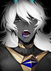 Rule 34 | 1boy, absurdres, arjuna (fate), arjuna alter (fate), black background, blue eyeshadow, colored skin, eyeshadow, fangs, fate/grand order, fate (series), gold necklace, grey eyes, grey skin, highres, jewelry, licking lips, long hair, looking at viewer, makeup, male focus, muneomon (takomon), necklace, open mouth, portrait, simple background, solo, teeth, tongue, tongue out, white hair