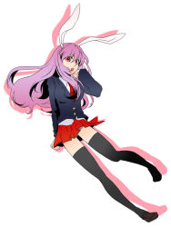 1girl animal_ears az0212 bad_id bad_pixiv_id black_thighhighs blazer female_focus jacket long_hair necktie panties purple_hair rabbit_ears red_eyes red_necktie reisen_udongein_inaba solo striped_clothes striped_panties thighhighs touhou underwear