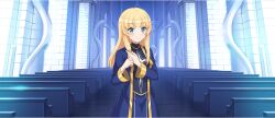 Rule 34 | 1girl, adjusting hair, blonde hair, blue dress, blue eyes, blunt bangs, breasts, cecily (konosuba), church, closed mouth, cowboy shot, dress, game cg, gold trim, hair tie, highres, indoors, kono subarashii sekai ni shukufuku wo!, konosuba! fantastic days, light blush, long dress, long hair, looking at viewer, low-tied sidelocks, medium breasts, official art, priestess, sidelocks, smile, solo, standing, tachi-e