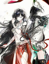 2girls absurdres armor back-to-back bikini_armor black_boots black_gloves black_hair boots bracelet cane cowboy_shot dual_persona gloves grey_hat grey_jacket grey_skirt grin hand_up hands_up hat high-low_skirt highres holding holding_cane isolde_(and_all_that_jazz)_(reverse:1999) isolde_(reverse:1999) jacket jewelry long_hair looking_at_viewer multiple_girls official_alternate_costume pelvic_curtain profile purple_eyes red_skirt reverse:1999 skirt smile sparkle thigh_boots very_long_hair weiyan_(nbnbmwnl)