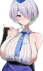Rule 34 | 1girl, absurdres, backless shirt, bare shoulders, blue eyes, blue hat, blue necktie, blush, breasts, brid (nikke), bridal gauntlets, colored inner hair, commentary request, garrison cap, goddess of victory: nikke, grey hair, hair over one eye, hat, high-waist skirt, highres, huge breasts, kopepan (kopepann11), long skirt, mole, mole on breast, multicolored hair, necktie, parted lips, sideboob, sideless shirt, simple background, skirt, solo, striped necktie, sweat, very sweaty, white background