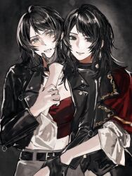 2girls bang_dream! bang_dream!_it&#039;s_mygo!!!!! belt black_background black_gloves black_hair blue_eyes capelet chain chain_necklace dual_persona earrings feiyu30903448 gloves grey_skirt highres holding_another&#039;s_wrist jewelry long_hair multiple_girls necklace parted_lips red_capelet red_shirt selfcest shirt skirt smile sweat timoris_(bang_dream!) yahata_umiri yuri