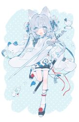 1girl animal animal_ears blue_eyes full_body grey_hair hair_between_eyes hair_bun hair_ornament highres holding holding_sword holding_weapon long_sleeves memuro original short_hair shorts socks sword tassel twitter_username weapon wide_sleeves