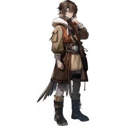 animal_ears arknights belt belt_bag bird_ears bird_tail black_boots boots brown_hair coat fang_xiaoshi_(arknights) five-fall full_body fur-trimmed_coat fur_trim hood hooded_coat long_coat looking_at_viewer male_focus official_art pants parted_bangs tail