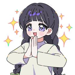 Rule 34 | 1girl, alternate hairstyle, black hair, blush, bow, braid, cardcaptor sakura, daidouji tomoyo, green bow, hair bow, highres, long hair, long sleeves, open mouth, palms together, purple eyes, shirt, simple background, smile, solo, sparkle, twin braids, upper body, white background, white shirt, yalmyu