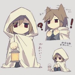 Rule 34 | 1boy, animal ears, black pants, black shirt, blue background, brown hair, cat ears, chibi, chibi only, chinese commentary, cloak, commentary request, fuyuasa, harada mutei, holding, holding lantern, hood, hood up, hooded cloak, kemonomimi mode, lantern, male focus, medium hair, multiple views, no mouth, pants, red eyes, saibou shinkyoku, shirt, simple background, sitting, sketch, translation request, white cloak