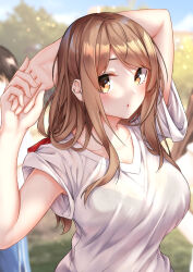 1girl arm_behind_head arm_up bare_arms blurry blurry_background bra_visible_through_clothes breasts brown_eyes brown_hair collarbone day harumachi_hashira large_breasts light_blush long_hair looking_at_viewer outdoors own_hands_together parted_bangs parted_lips sahara386 sex_and_dungeon shirt short_sleeves solo_focus stretching upper_body white_shirt