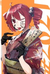 Rule 34 | 1girl, ahoge, alternate costume, black gloves, chinese zodiac, commentary request, drawing on own face, drill hair, facepaint, flat chest, gloves, hair between eyes, hands up, highres, holding, holding sign, japanese clothes, kasane teto, katai uji, kimono, obi, orange background, red eyes, red hair, red kimono, sash, sign, solo, tongue, tongue out, twin drills, upper body, utau, year of the ox