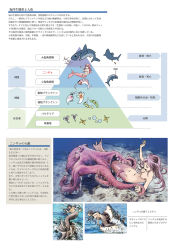 3girls black_hair breasts clam diagram highres imminent_rape imminent_vore marikei0109 mermaid monster_girl multiple_girls nipples nude octopus original peril pink_hair restrained shark tentacle_grab tentacle_sex tentacles text_focus topless_female translation_request trapped underwater vore
