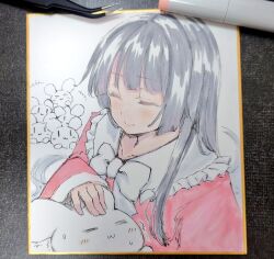 Rule 34 | &gt; &lt;, +++, 1girl, :3, = =, art tools in frame, black hair, blunt ends, bow, closed eyes, commentary request, frilled shirt collar, frills, houraisan kaguya, inaba mob (touhou), long hair, long sleeves, marker, marker (medium), petting, pink shirt, rabbit, shikishi, shirt, smile, solo, touhou, traditional media, upper body, usaka ray, white background, white bow, | |