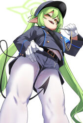 1girl armband belt black_tail blue_archive breasts demon_tail from_below fu-ta gloves green_hair halo hat highres jacket loli long_hair long_sleeves nozomi_(blue_archive) open_mouth pantyhose peaked_cap pointy_ears shorts small_breasts smile solo tail thighs twintails upshorts very_long_hair white_pantyhose