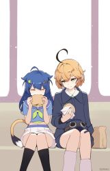2girls absurdres ahoge artist_name bag black_socks blonde_hair blue_hair blue_hat blue_jacket blue_serafuku blue_shorts cheese closed_eyes closed_mouth commentary dooby_(vtuber) eating english_commentary food green_eyes green_neckerchief hair_ornament hairclip hat highres holding holding_food holding_sandwich indie_virtual_youtuber jacket jerboa_tail knees_together_feet_apart lettuce light_particles long_hair long_sleeves looking_at_another midriff_peek multiple_girls namiorii neckerchief paper_bag sandwich sandwiched school_uniform senzawa serafuku shirt short_sleeves shorts sitting skirt smile socks star_(symbol) star_hair_ornament stomach thighs train_interior virtual_youtuber white_shirt white_skirt white_socks x_hair_ornament yellow_tail