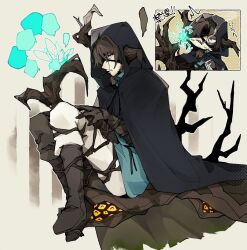 Rule 34 | 1boy, 1other, black cape, black hood, blue shirt, brown gloves, brown hair, brown horns, cape, e.g.o (project moon), fairy, full body, gloves, gmno 6, green eyes, gregor (project moon), grey shoes, highres, horns, lantern (e.g.o), limbus company, long hair, looking at another, male focus, monocle, mouth hold, pants, plant horns, plant roots, ponytail, project moon, shirt, shoes, simple background, sitting, solo focus, stalk in mouth, white background, white pants, wooden arm, yellow eyes