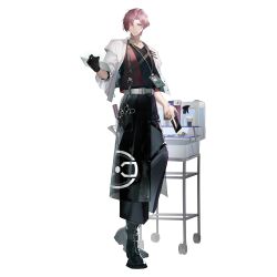 1boy apron barber black_apron black_boots black_gloves black_pants black_shirt boots damingshimingyan full_body game_cg girls&#039;_frontline girls&#039;_frontline_neural_cloud gloves hair_curl highres holding holding_tablet_pc jacket lanyard looking_at_viewer official_art one_eye_closed pants pink_hair red_vest shirt solo spray_can standing tablet_pc third-party_source tony_(neural_cloud) transparent_background vest white_jacket