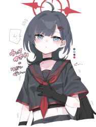 Rule 34 | black choker, black gloves, black hair, black sailor collar, black serafuku, blue archive, choker, gloves, grey eyes, halo, ichika (blue archive), medium hair, navel, neckerchief, negu (pixiv 6519140), official alternate costume, official alternate hairstyle, red halo, red neckerchief, sailor collar, school uniform, serafuku, simple background, white background