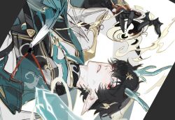 1boy amongus520 antlers black_hair blue_eyes dan_heng_(honkai:_star_rail) dan_heng_(imbibitor_lunae)_(honkai:_star_rail) green_eyes hair_ornament hand_up honkai:_star_rail honkai_(series) horns magic male_focus pointy_ears red_eyes scales short_hair sideways solo unfinished white_background