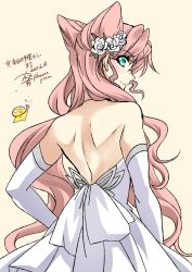 1girl back back_focus bare_shoulders dress gloves green_eyes highres kanna_(plum) long_hair maria_cadenzavna_eve pink_hair senki_zesshou_symphogear shirt wedding_dress white_gloves white_shirt