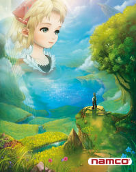 1boy 1girl 3d allegretto blonde_hair company_name field from_behind green_eyes long_hair namco nature official_art plant polka polka_(trusty_bell) river scenery standing tree trusty_bell water