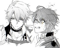 Rule 34 | 1boy, amata (amaxtamax), antenna hair, armor, black choker, black shirt, choker, coat, greyscale, highres, honkai: star rail, honkai (series), male focus, monochrome, multiple views, neck tattoo, parted bangs, pauldrons, phainon (honkai: star rail), shirt, short hair, shoulder armor, simple background, single pauldron, spot color, tattoo, white background, white coat, yellow blood