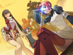 1boy 2girls absurdres amate_yuzuriha arm_support arm_up black_hair blue_hair blush boots breasts closed_mouth cloud cosplay crossed_arms dress dutch_angle embarrassed feet_out_of_frame frilled_dress frills glowing gquuuuuux green_eyes gunbuster_pose gundam gundam_gquuuuuux hair_between_eyes highres knees_together_feet_apart lal&#039;c_mellk_mal lal&#039;c_mellk_mal_(cosplay) large_breasts legwear_garter liang_chan_xing_make_tu long_hair long_sleeves mecha mobile_suit multiple_girls nono_(top_wo_nerae_2!) nono_(top_wo_nerae_2!)_(cosplay) nyaan_(gundam_gquuuuuux) nyan_nok_cham nyan_nok_cham_(cosplay) orange_sky outdoors red_boots red_dress red_eyes red_gundam red_hair robot scarf science_fiction short_hair shuji_ito sitting sky small_sweatdrop smile standing thighhighs top_wo_nerae!_(series) top_wo_nerae_2! twilight v-fin very_long_hair white_dress white_scarf white_thighhighs