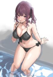 1girl bare_shoulders bikini black_bikini black_ribbon breasts brown_hair cevio cleavage hair_ribbon highres large_breasts long_hair nankawa_rota natsuki_karin navel parted_lips purple_eyes ribbon solo swimsuit synthesizer_v twintails water wet