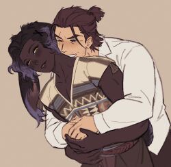 2boys adventurer_(ff14) animal_ears beard_stubble black_hair blue_eyes blush brown_background colored_tips commentary dark-skinned_male dark_skin dreadwyrmtrance english_commentary erenville facial_hair final_fantasy final_fantasy_xiv grin hair_ornament hairclip half_updo highres hug hug_from_behind hyur looking_at_another male_focus multicolored_hair multiple_boys mustache_stubble one_eye_closed pectoral_cleavage pectorals rabbit_boy rabbit_ears rabbit_tail scar scar_across_eye scar_on_face short_hair simple_background smile stubble tail upper_body viera warrior_of_light_(ff14) yaoi yellow_eyes