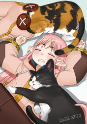 2022 animal baggy_clothes baggy_pants black_cat button_eyes buttons cat closed_eyes coat dated drooling fate/grand_order fate_(series) fingernails habetrot_(fate) hat hirai_yukio long_hair lying on_back pants pink_coat pink_hair pink_hat pointy_ears simple_background sleeping zzz