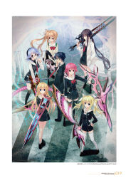 1girl 6+girls arimura_hinae bare_legs black_dress black_hair black_jacket black_pants black_shoes black_socks black_thighhighs blazer blonde_hair blue_hair bow buttons chaos;child collarbone cropped_jacket crosswalk double-breasted dress floating_hair floating_neckwear from_above from_side glasses hand_on_own_chin hand_on_own_hip headphones hekiho_academy hekiho_academy_school_uniform highres holding holding_sword holding_weapon hooded_dress jacket kazuki_hana kneehighs kunosato_mio kurusu_nono lab_coat loafers lollipop_in_mouth long_hair long_sidelocks long_sleeves looking_at_viewer looking_to_the_side medium_hair miyashiro_takuru multiple_girls necktie official_art one_side_up onoe_serika outstretched_arm over_shoulder pants pink_eyes pink_hair purple_eyes purple_hair red_bow red_eyes red_necktie red_ribbon ribbon sailor_collar sasaki_mutsumi school_emblem school_uniform shirt shoes short_hair short_hair_with_long_locks side_ponytail sidelocks smile socks standing sumo_sticker_(chaos;child) sword sword_over_shoulder thick_thighs thighhighs thighs weapon weapon_over_shoulder white_sailor_collar white_shirt white_socks white_thighhighs yamazoe_uki