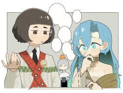37_(reverse:1999) 3girls :o ancient_greek_clothes bare_shoulders black_eyes black_hair blank_speech_bubble blue_eyes blue_hair blunt_bangs bob_cut border carbuncle_(reverse:1999) cardigan collared_shirt creature_on_head cup daku_k glasses gold_choker greco-roman_clothes grey_background grey_cardigan grey_eyes grey_hair hair_between_eyes hand_on_own_chin hand_up highres holding holding_cup john_titor_(reverse:1999) long_hair looking_at_another looking_down multiple_girls outside_border reverse:1999 shirt short_hair speech_bubble squeans sweat talking toga upper_body vertin_(reverse:1999) very_long_hair white-framed_eyewear white_border white_shirt