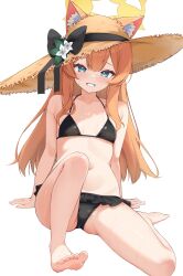 1girl animal_ear_fluff animal_ears barefoot bikini black_bikini blue_archive blue_eyes bow breasts brown_hat ears_through_headwear flower fox_ears frilled_bikini frills halo hat hat_bow highres mari_(blue_archive) navel orange_hair parted_lips simple_background small_breasts smile solo straw_hat swimsuit white_background white_flower yellow_halo zarashi
