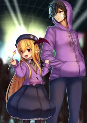 1boy 1girl alternate_costume arm_grab ayer bandaid bandaids_on_nipples black_hair blonde_hair blouse bubble_skirt candy contemporary food granblue_fantasy grey_eyes gumakara hands_in_pockets head_wings hood hooded_jacket jacket lollipop long_hair open_mouth pantyhose pasties pointing pointy_ears shirt skirt smile vampy wings