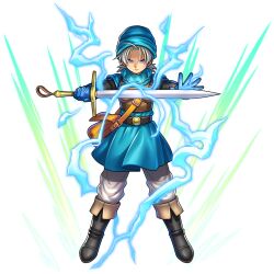 1boy armor artist_request bag belt belt_buckle black_belt black_boots blue_gloves blue_hat blue_tunic boots breastplate buckle closed_mouth crackling_energy dragon_quest dragon_quest_rivals dragon_quest_vi floating_clothes frown full_body game_cg gloves hat highres holding holding_sword holding_weapon looking_at_viewer male_focus official_art pants parted_bangs purple_eyes short_hair shoulder_bag solo sword terry_(dq6) third-party_source transparent_background tunic weapon white_hair white_pants