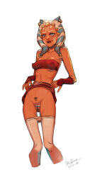 1girl ahsoka_tano alien black_pubic_hair blue_eyes breasts clothes_lift clothes_pull colored_skin covered_erect_nipples dated disclaimer_(disclaimish) facial_mark female_pubic_hair fingerless_gloves gloves highres medium_breasts orange_skin pantyhose pantyhose_pull pubic_hair pussy red_gloves red_skirt red_tube_top signature simple_background skirt skirt_lift solo star_wars strapless togruta tube_top white_background white_pantyhose