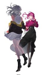 2girls autrisan black_footwear black_jacket black_pantyhose black_skirt chinese_commentary collared_shirt commentary corrupted_twitter_file dress floating_hair full_body grey_hair highres honkai:_star_rail honkai_(series) jacket kafka_(honkai:_star_rail) long_hair long_skirt long_sleeves multiple_girls off_shoulder pantyhose purple_eyes purple_hair purple_shirt shirt simple_background skirt sleeveless sleeveless_dress stelle_(honkai:_star_rail) trailblazer_(honkai:_star_rail) tucking_hair watermark white_background white_dress