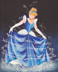 07421002 1girl absurdres blonde_hair blue_dress choker cinderella_(disney_character) cinderella_(disney_movie) closed_eyes disney_princess dress earrings elbow_gloves evening_gown gloves gown hair_bun hairband highres jewelry princess short_hair smile solo toon_(style)
