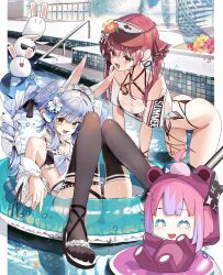3girls absurdres animal_ears ass bare_shoulders bikini black_bikini black_sandals black_thighhighs blue_hair braid breasts cleavage haruhina_purple heterochromia highres hololive hololive_dev_is houshou_marine houshou_marine_(holonatsu_paradise) innertube kikirara_vivi long_hair maid maid_bikini maid_headdress multiple_girls open_mouth rabbit_ears rabbit_girl red_hair sandals short_sleeves smile swim_ring swimsuit thighhighs twin_braids twintails unconventional_maid usada_pekora usada_pekora_(holonatsu_paradise) virtual_youtuber yellow_eyes