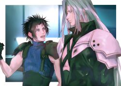 2boys armor black_coat black_gloves black_hair blue_eyes blue_sweater border chest_strap closed_mouth coat crisis_core_final_fantasy_vii final_fantasy final_fantasy_vii flat4444 gloves green_eyes grey_hair hashtag-only_commentary highres indoors long_hair looking_at_another looking_to_the_side male_focus multiple_boys open_mouth outside_border parted_bangs ribbed_sweater sephiroth short_hair shoulder_armor sleeveless sleeveless_turtleneck smile spiked_hair suspenders sweater three_quarter_view turtleneck turtleneck_sweater upper_body white_border zack_fair