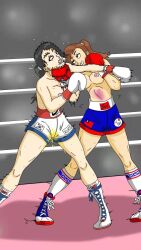2girls artist_request boxing boxing_gloves boxing_ring catfight highres k.o. multiple_girls peeing tagme
