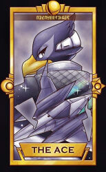 1boy argyle_clothes argyle_jacket beak bird_boy black_border border card_(medium) commentary crescent english_commentary english_text falco_lombardi from_behind furry furry_male half-closed_eyes limited_palette long_sleeves looking_at_viewer looking_back male_focus nintendo quas-quas smash_ball sooon spacecraft sparkle star_(symbol) star_fox super_smash_bros. tarot tarot_(medium) upper_body