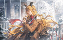 Rule 34 | 1girl, animal ears, arknights, bag, black bag, black pants, blonde hair, brown jacket, coffee, cup, degenbrecher (arknights), goat ears, goat girl, goat horns, hair between eyes, hand in own hair, helen zzhao, highres, holding, holding bag, holding cup, holding umbrella, horns, jacket, long hair, orange eyes, outdoors, pants, red scarf, scarf, shirt, snowing, solo, transparent, transparent umbrella, umbrella, white shirt