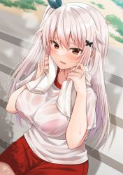 Rule 34 | 1girl, black ribbon, blush, bra, bra visible through clothes, breasts, butterfly hair ornament, commentary request, etna (kuzuyu), gym shirt, gym shorts, gym uniform, hair between eyes, hair ornament, hair ribbon, highres, komori kuzuyu, large breasts, long hair, on bench, one side up, original, parted lips, pink bra, red eyes, red shorts, ribbon, see-through clothes, shirt, short shorts, shorts, sitting, solo, steaming body, sweat, towel, towel around neck, underwear, very long hair, wet, wet clothes, wet shirt, white hair