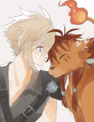 1boy armor black_shirt blonde_hair blue_eyes closed_eyes cloud_strife ear_piercing earrings feather_hair_ornament feathers final_fantasy final_fantasy_vii final_fantasy_vii_advent_children fire forehead-to-forehead grey_background hair_ornament heads_together heart highres hoop_earrings jewelry light_smile looking_at_another looking_to_the_side male_focus medium_hair pauldrons piercing red_hair red_xiii same_no_nituke3 shirt short_hair shoulder_armor shoulder_strap simple_background sleeveless sleeveless_shirt smile twintails upper_body