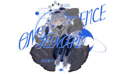 1girl aritsuno arm_up barefoot black_gloves blue_archive blue_pants character_name coat commentary_request embarrassed facing_viewer full_body gloves grey_coat grey_hair grey_halo halo hand_up highres himari_(blue_archive) long_hair mole mole_under_eye pants pointy_ears purple_eyes simple_background sitting solo sweat sweatdrop white_background