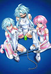 3girls ahoge albyee ankle_cuffs arms_behind_back bdsm blanc_(neptunia) blue_background blue_eyes blue_hair bondage bound breasts choujigen_game_neptune covered_pussy dildo elbow_gloves femdom full_body gag gloves highres leotard multiple_girls neptune_(series) object_insertion panel_gag pink_hair ram_(neptunia) red_eyes rom_(neptunia) seiza sex_toy short_hair_with_long_locks siblings sisters sitting small_breasts spreader_bar thighhighs vaginal vaginal_object_insertion white_gloves white_heart_(neptunia) white_leotard white_sister_ram white_sister_rom white_thighhighs