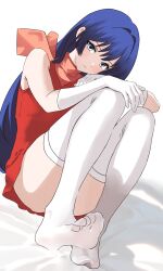 1girl absurdres alternate_costume armpit_crease bed_sheet blue_hair blush caeda_(fire_emblem) closed_mouth commission convenient_leg dress dutch_angle feet fire_emblem full_body gloves grey_eyes hair_intakes highres knees_up kyoichi long_hair looking_at_viewer nintendo no_shoes orange_dress short_dress simple_background skeb_commission sleeveless sleeveless_dress soles solo thighhighs thighs toes very_long_hair white_background white_gloves white_thighhighs
