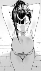 1girl ;) armpits arms_up blunt_bangs bra breasts closed_mouth collarbone commentary english_commentary enpix from_above greyscale highres large_breasts long_hair monochrome nipples one_eye_closed original panties penis_shadow smile solo thighs underwear underwear_only